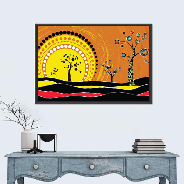 Aboriginal-style Sunset on Rolling Hills Canvas Wall Art