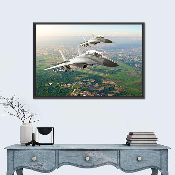 Twin Fighter Jets Over Airfield Canvas Wall Art