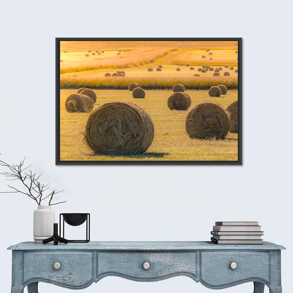 Hay Bales On Golden Field At Sunset Canvas Wall Art
