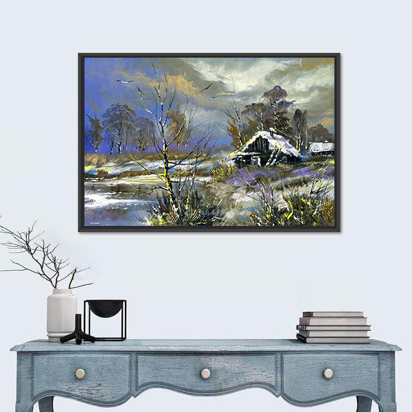 Snow-covered Cabin by the Lake Canvas Wall Art