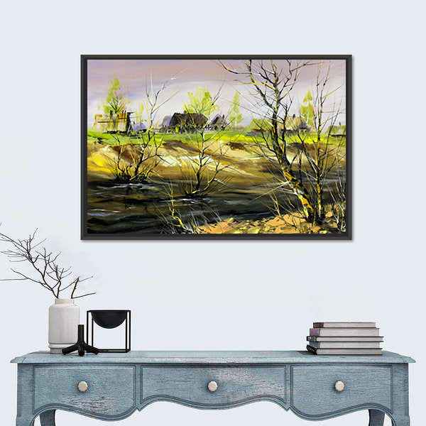 Thatched Cottage on Riverbank Canvas Wall Art