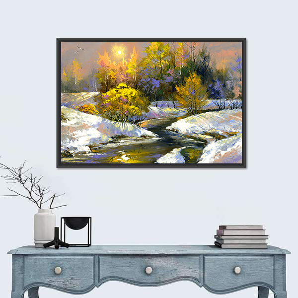 Winter River Through Snowy Forest Canvas Wall Art