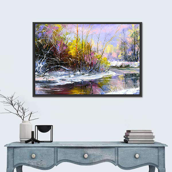 Winter River at Sunset Canvas Wall Art