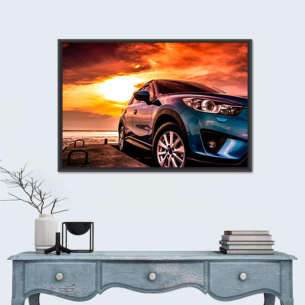 Blue Suv at Coastal Sunset Canvas Wall Art
