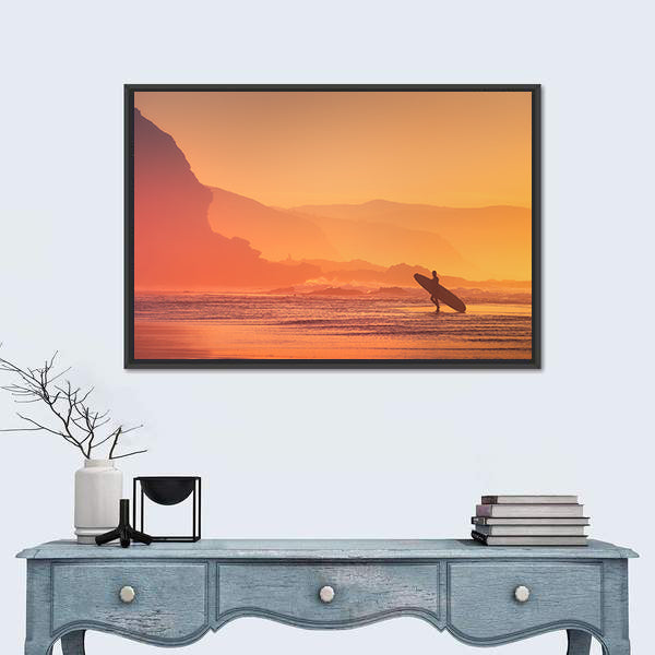 Surfer Silhouette At The Sunset Canvas Wall Art