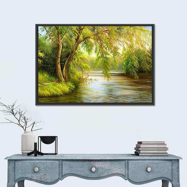 Summer Riverbank with Weeping Willow Canvas Wall Art