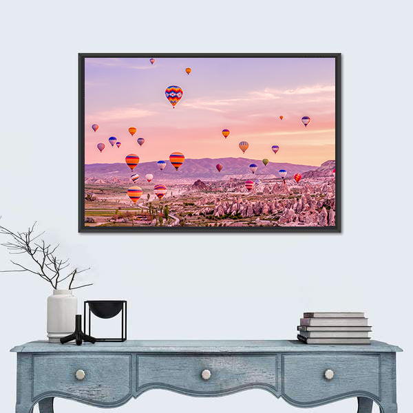Hot Air balloons Flying Over Rock Landscape At Cappadocia Canvas Wall Art