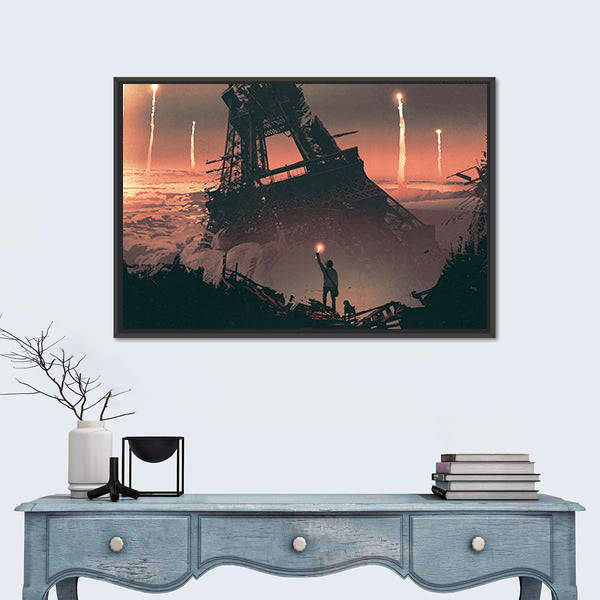 Silhouetted Man at Crumbling Eiffel Tower Canvas Wall Art