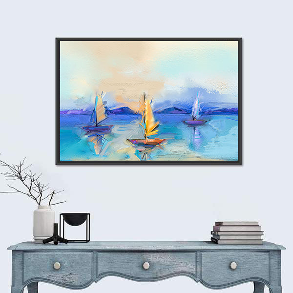 Textured Oil Seascape with Three Sailboats Canvas Wall Art