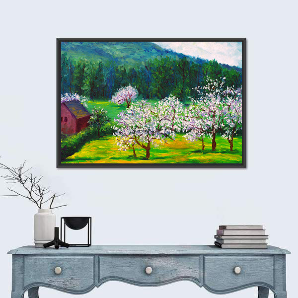 Plum Blossom Orchard with Red Barn Canvas Wall Art