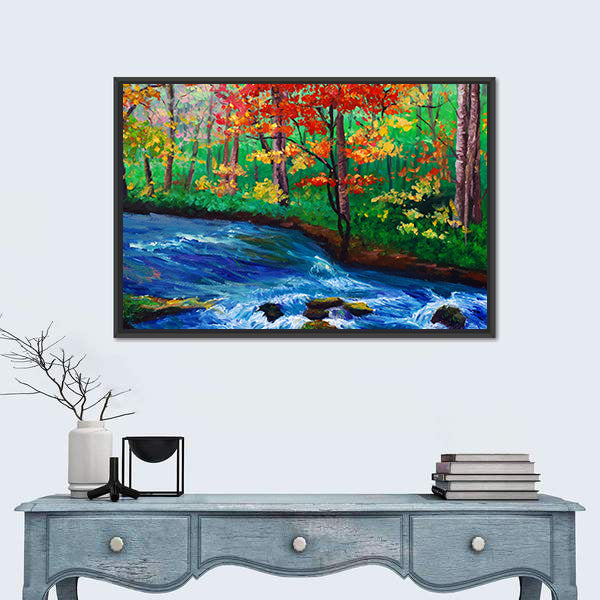 Autumn Maple by Flowing Stream Canvas Wall Art