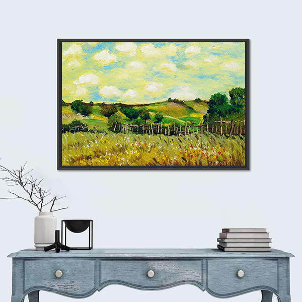 Sunlit Rolling Green Farm Fields Painting Canvas Wall Art