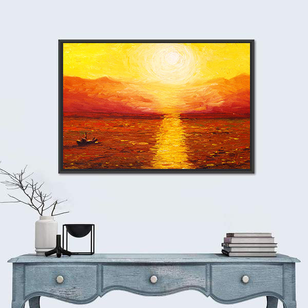 Sunset Sea with Boat Oil Painting Canvas Wall Art