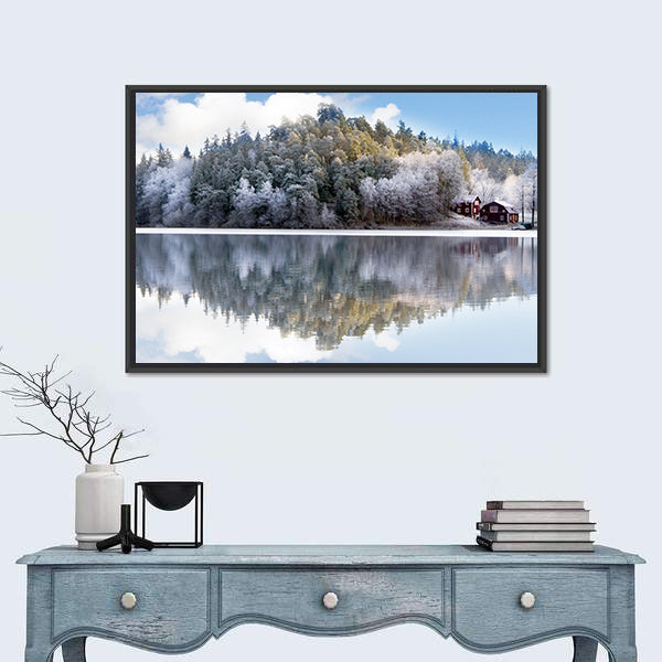 House By Lake Hill In Sweden Canvas Wall Art