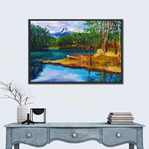 Autumn Lake with Rowboat and Mountain Reflection Canvas Wall Art