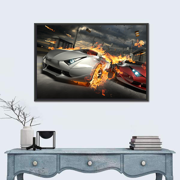 Futuristic Street Car Chase Canvas Wall Art