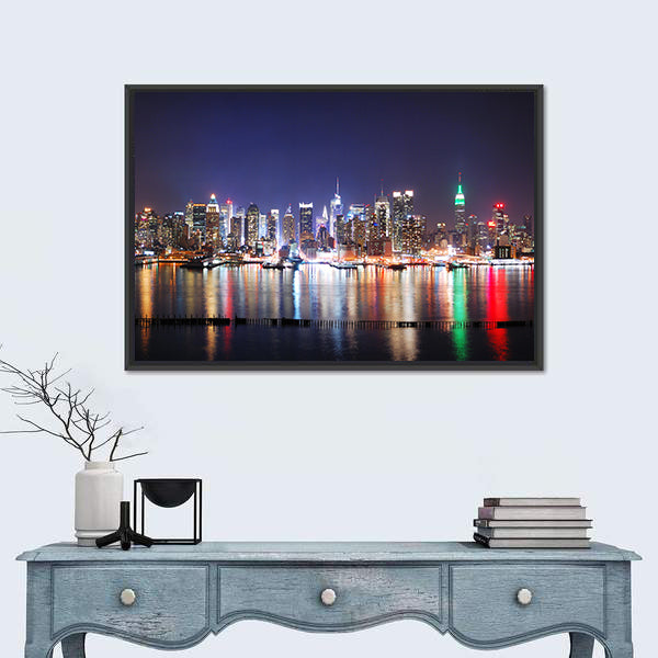 Times Square Reflections Over Hudson River Canvas Wall Art