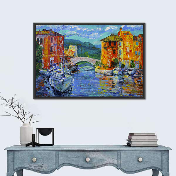 Port Grimaud Canal Scene with Sailboat Canvas Wall Art