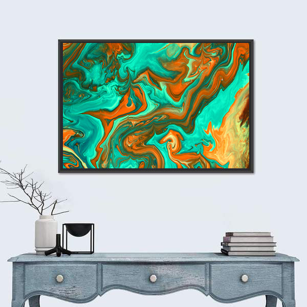 Turquoise and Orange Liquid Abstract Canvas Wall Art