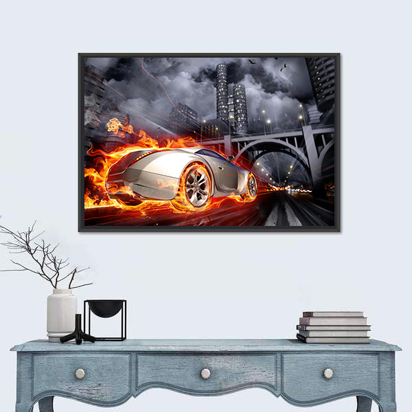 Flaming Sports Car at Night Canvas Wall Art