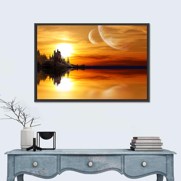 Alien Planet Sunset with Twin Moons Canvas Wall Art
