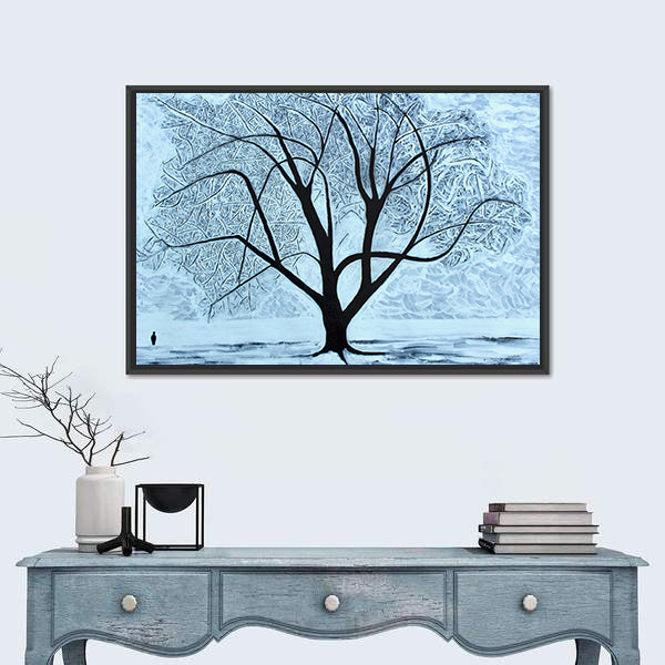 Snowy Tree with Lone Figure Canvas Wall Art