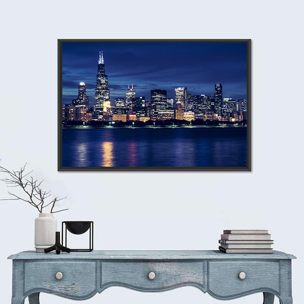 Chicago Skyline By Night Canvas Wall Art