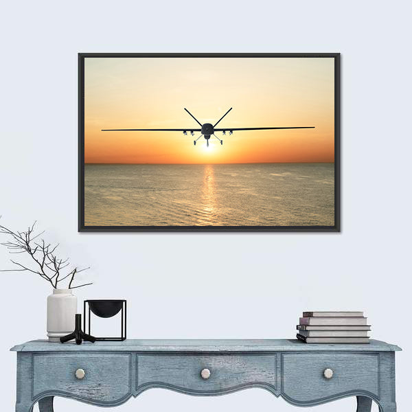 Military Drone at Sunset Canvas Wall Art