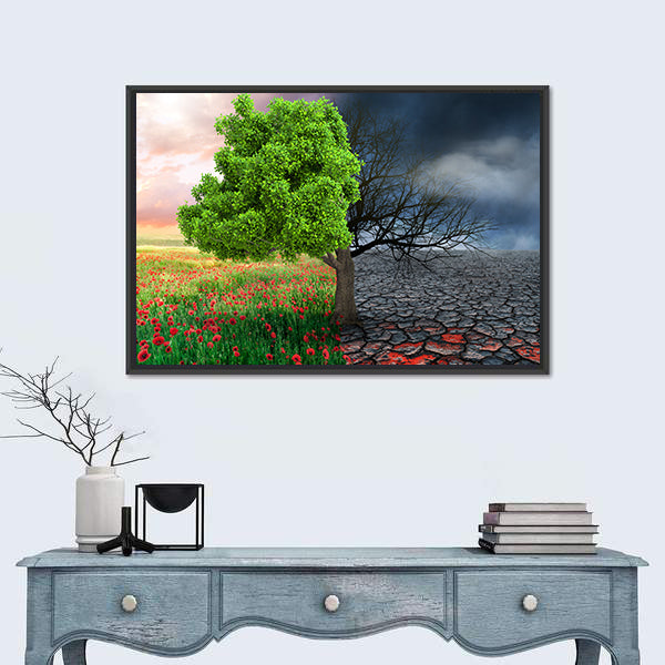 Split Tree with Poppies and Cracked Earth Canvas Wall Art