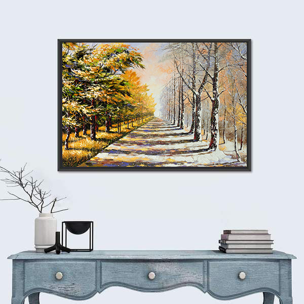 Autumn Walkway with Snow Canvas Wall Art