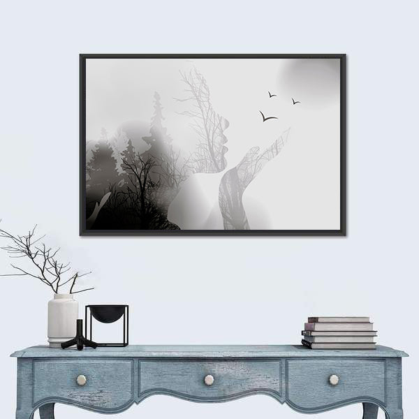 Woman Silhouette with Forest and Birds Canvas Wall Art