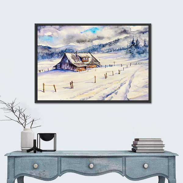 Snowy Cottage in Winter Mountains Canvas Wall Art