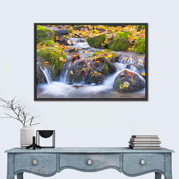 Cascade Waterfall In Autumn Forest Canvas Wall Art
