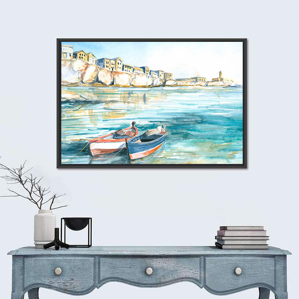 Two Rowboats in Sunny Coastal Watercolor Canvas Wall Art