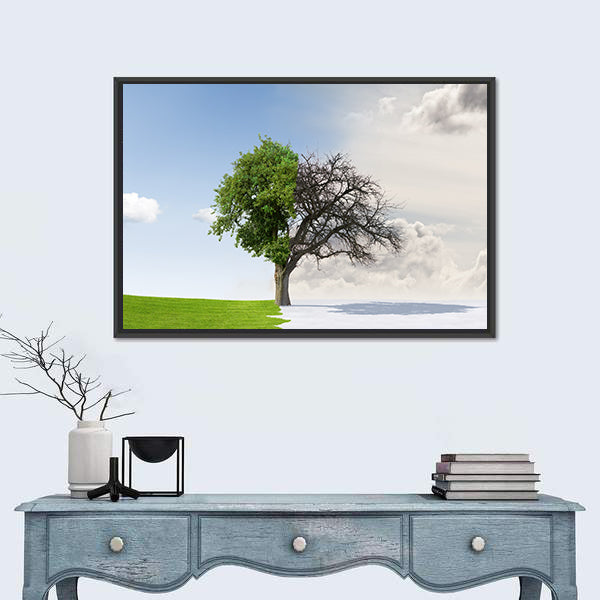 Tree Split Between Summer and Winter Canvas Wall Art