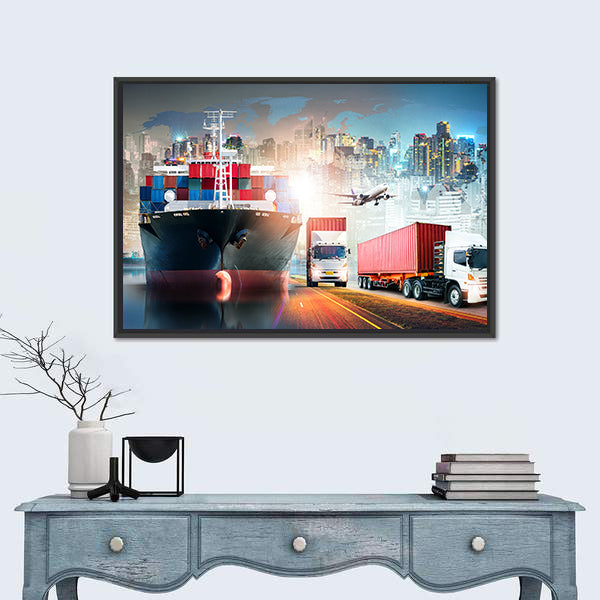 Global Logistics Collage with Cargo Ship and Containers Canvas Wall Art