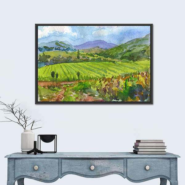 Watercolor Vineyard Landscape Canvas Wall Art