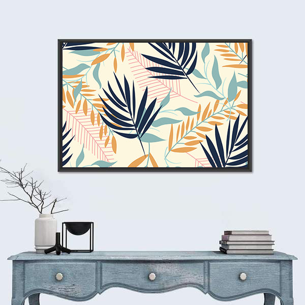 Tropical Leaves Pattern in Navy and Mustard Canvas Wall Art