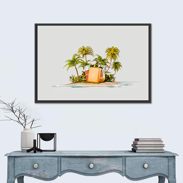 Tropical Island with Bright Orange Suitcase Canvas Wall Art