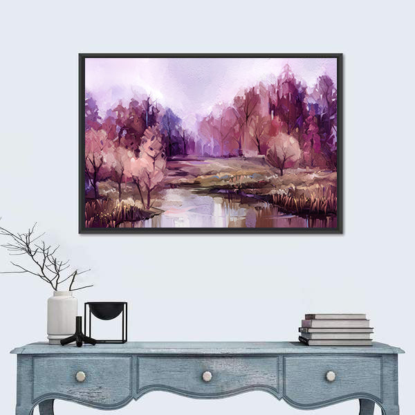 Autumn Forest Lake in Lavender Hues Canvas Wall Art