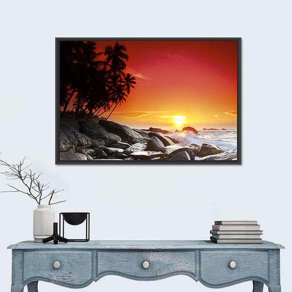 Sunset Over Sea Beach In Sri Lanka Canvas Wall Art