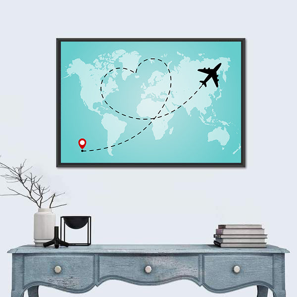 World Map With Airplane Canvas Wall Art