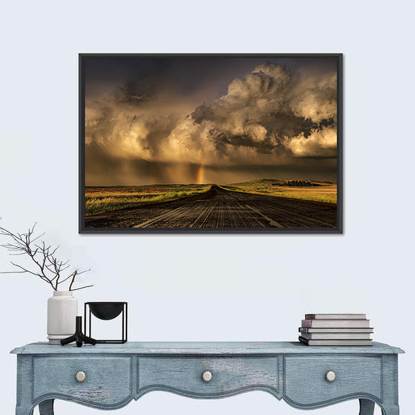 Travel Through South Dakota Border Near Lemmon Town Canvas Wall Art in black, gray and orange, framed canvas shown in a room