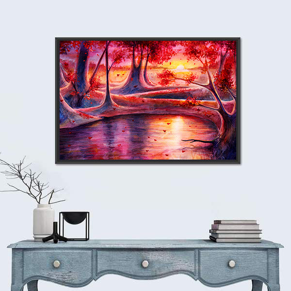 Autumn Lake Forest Watercolor Canvas Wall Art