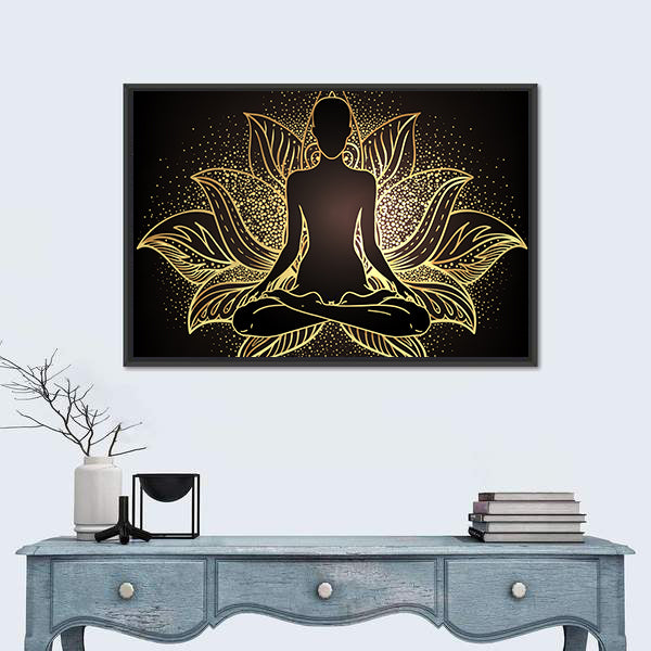 Silhouette In lotus Position Over Ornate Mandala Canvas Wall Art