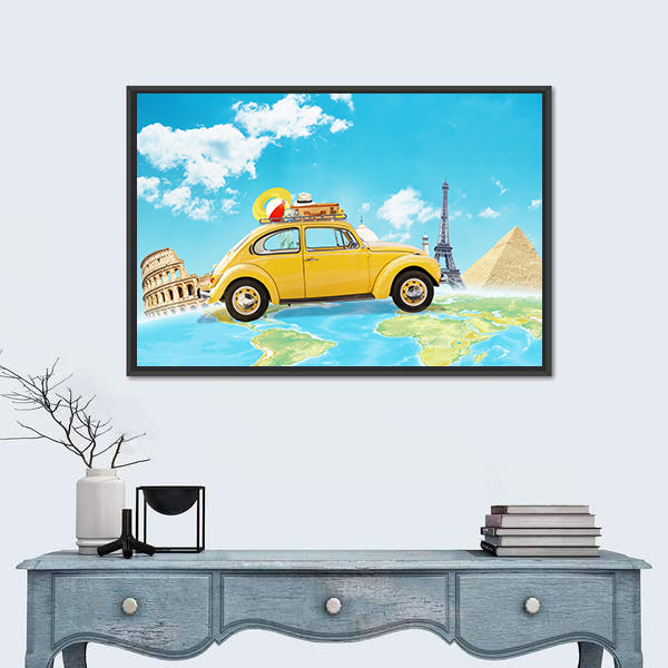 Yellow Vintage Car Over World Map Canvas Wall Art