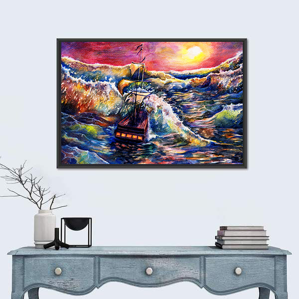 Sunset Sailing Ship in Stormy Sea Canvas Wall Art
