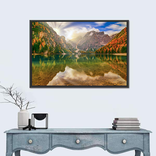 Autumn Reflection at Braies Lake Canvas Wall Art