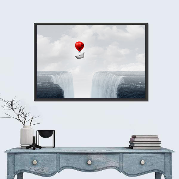 Red Balloon and Paper Boat Above Twin Waterfalls Canvas Wall Art