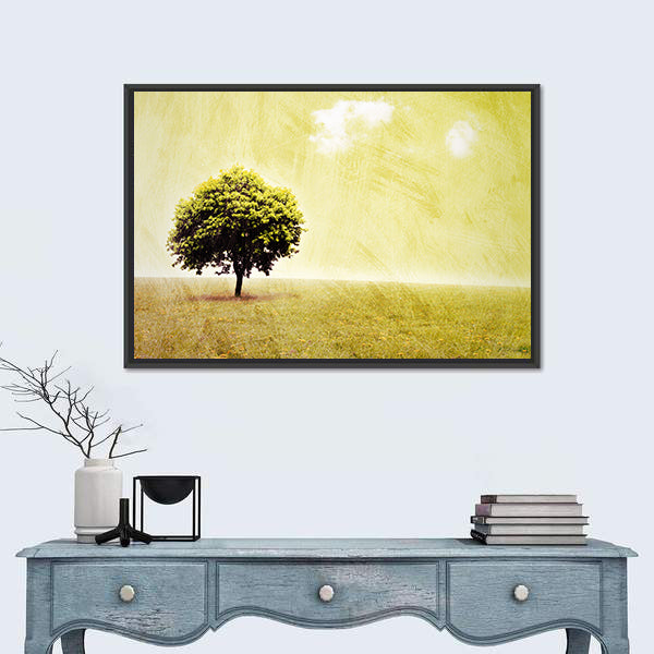 Lone Tree in Yellow Meadow Canvas Wall Art